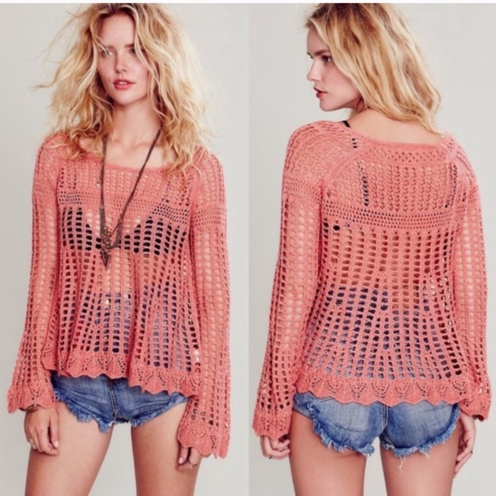 ⚡️Black Friday Sale!⚡️ Free People Annabelle Pink Crochet Knit Long Sleeve Shirt